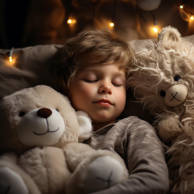 Adorable little girl sleeping with toy in her bed