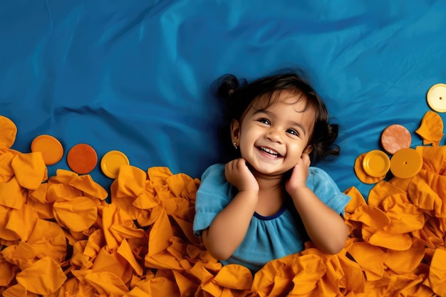 Adorable little girl smiling and playing in a pile of orange confetti