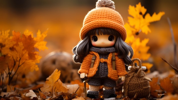 Photo an adorable little girl wearing an orange sweater and carrying a bag of leaves