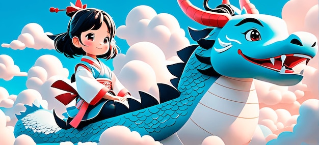 Adorable little girl wearing traditional asian clothes flying on her friend chinese dragon