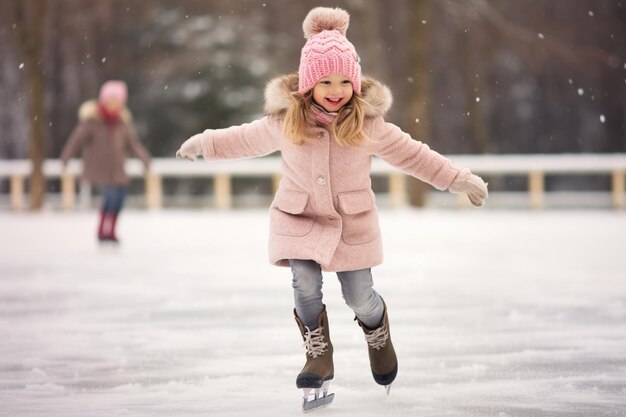 Adorable little girl in winter clothes and bobble hat skating on ice rink