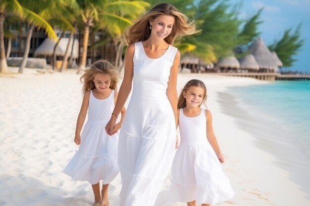 Adorable little girl with her parents on the beach