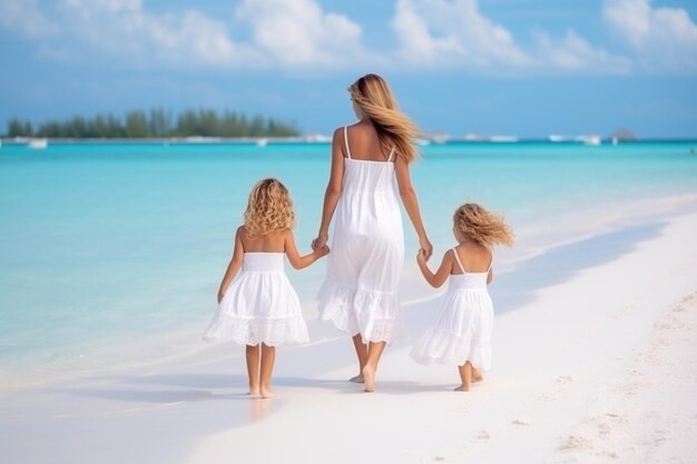 Прекрасная маленькая девочка с родителями на пляже.