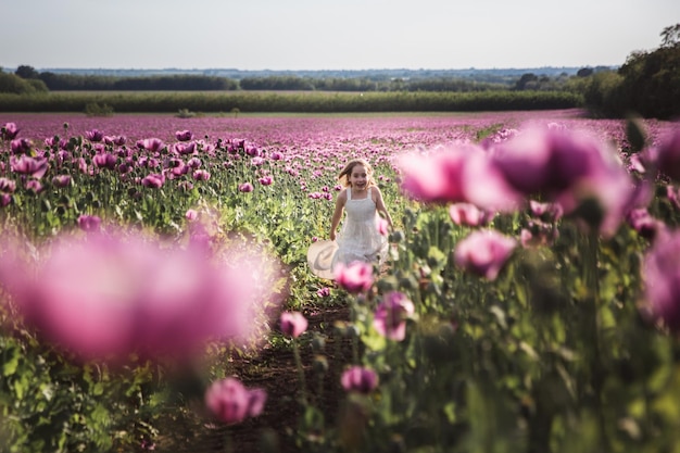 Adorable little girl with long hair in white dress lonely walking in the Lilac Poppy Flowers field