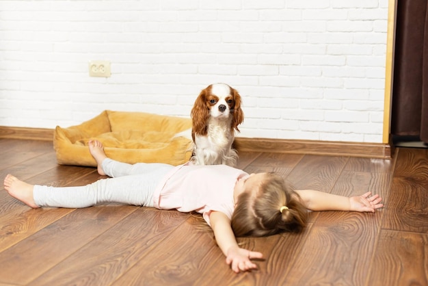 Adorable little girl with puppy playing at home. Child with little dog indoor. The best and friendliest pet for kids and families, love for pet, love for dogs, special relationship with the pet.