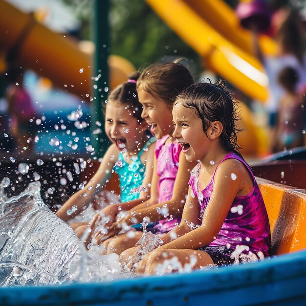 Adorable little girls enjoying themselves in a water theme park Generative AI