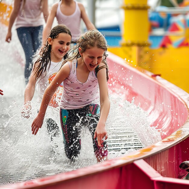 Adorable little girls enjoying themselves in a water theme park Generative AI