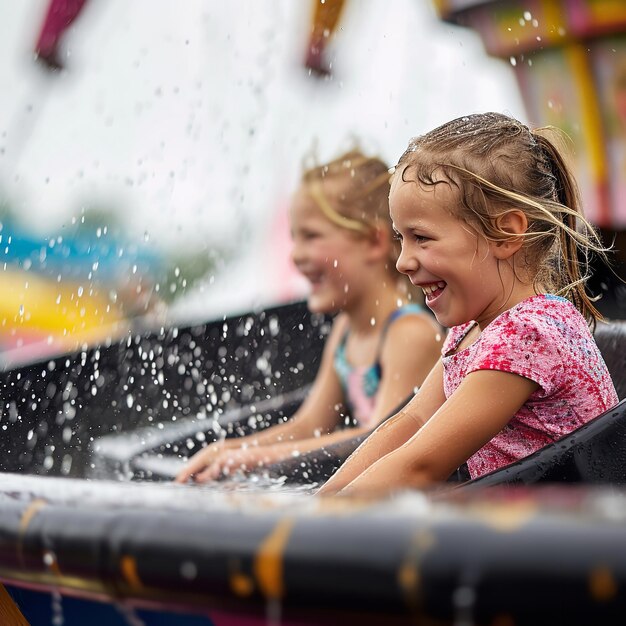 Adorable little girls enjoying themselves in a water theme park Generative AI