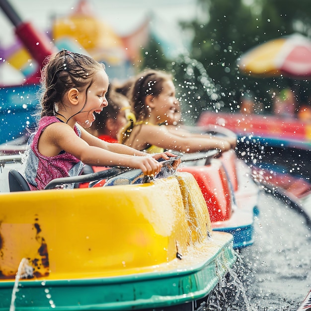 Adorable little girls enjoying themselves in a water theme park Generative AI