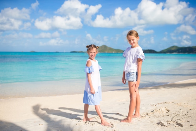 Adorable little girls walking on the beach