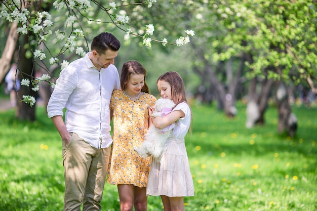 Adorable little girls with young father in blooming cherry garden on beautiful spring day