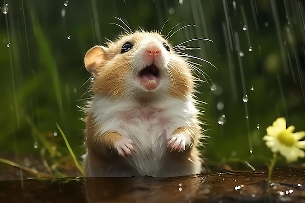 愛らしい小さなハムスターが外の自然の中で水浴びをし、雨を楽しみながらダンスを楽しんでいます。