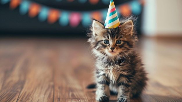 誕生日を祝うパーティーハットをかぶった可愛い子猫