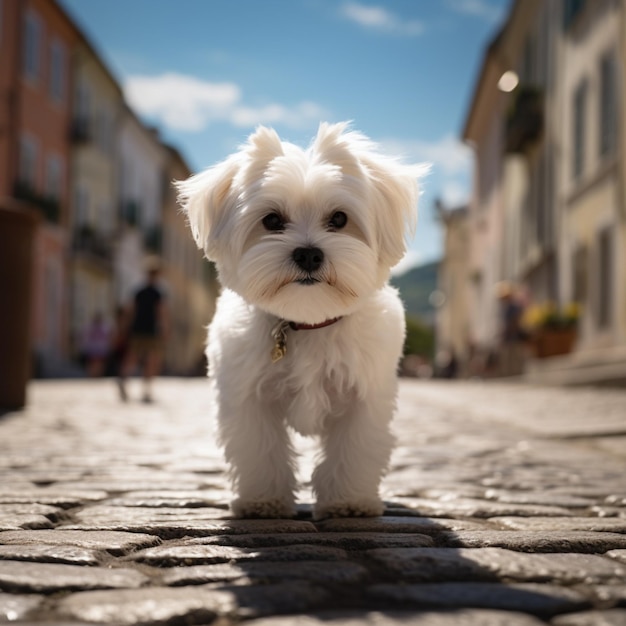 ソーシャルメディア投稿サイズ用の趣のある石畳の通りに立つ愛らしい小さなマルチーズ犬