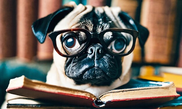 adorable little pug wearing nerd glasses holding books