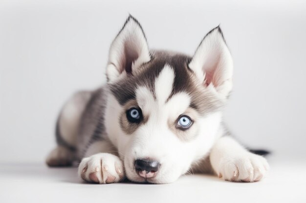 Фото Очаровательный маленький щенок сибирской хаски с голубыми глазами, лежащий изолированно на белом копировальном пространстве
