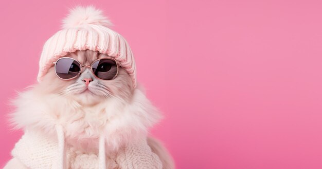 Adorable little white fluffy pussy cat in a winter ski hat cute Christmas background banner