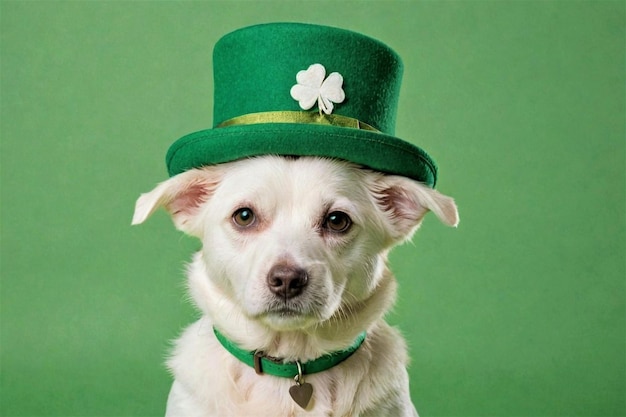 Adorable little white puppy wearing a green hat and a green collar set against a green background