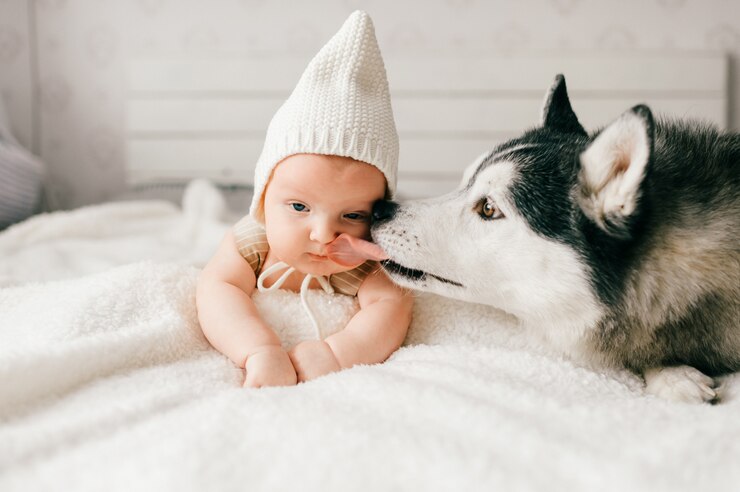 Photo adorable lovely newborn baby lying on white bed with beautiful husky.