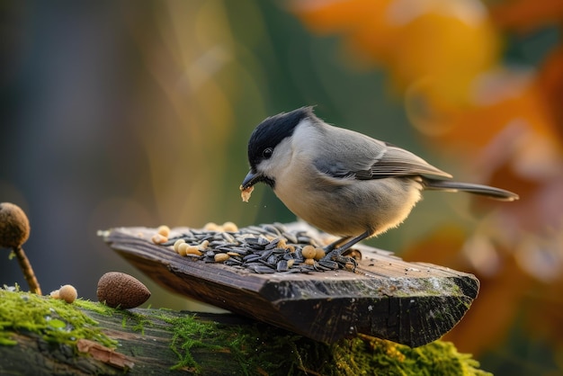 Adorable marsh tit Parus palustris eating seeds