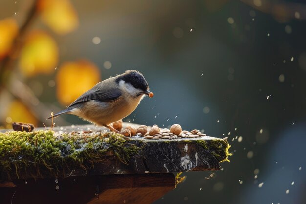 사랑스러운 습지 이 Parus palustris 씨을 먹습니다.