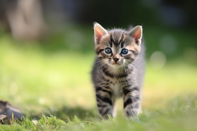 屋外で愛らしい鳴きトラの子猫