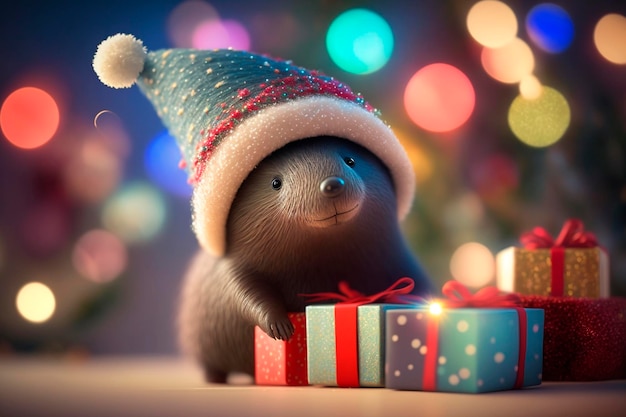 Adorable Mole with Christmas Hat and Present A Bokeh Holiday Delight