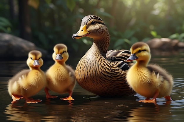 Photo adorable mother duck and her ducklings