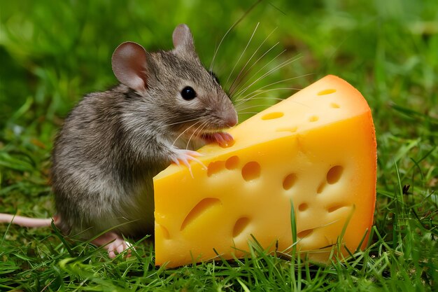 Photo adorable mouse nibbles on oversized wedge of delicious cheese