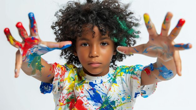 Photo adorable multiracial kid covered in colorful paint the child is wearing a white tshirt and has curly hair the background is white