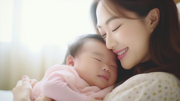愛らしい生まれたばかりの赤ちゃんは笑顔で母親の腕の中でリラックスし、安全で快適です幸せな良い瞬間で笑う健康なアジアの新生児の赤ちゃん幼児の赤ちゃんを抱く母親新生児のコンセプト