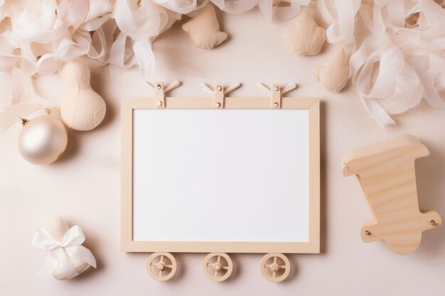 Foto adorabili stivali per neonati e giocattoli di legno un delizioso sfondo per bambini per i tuoi ricordi