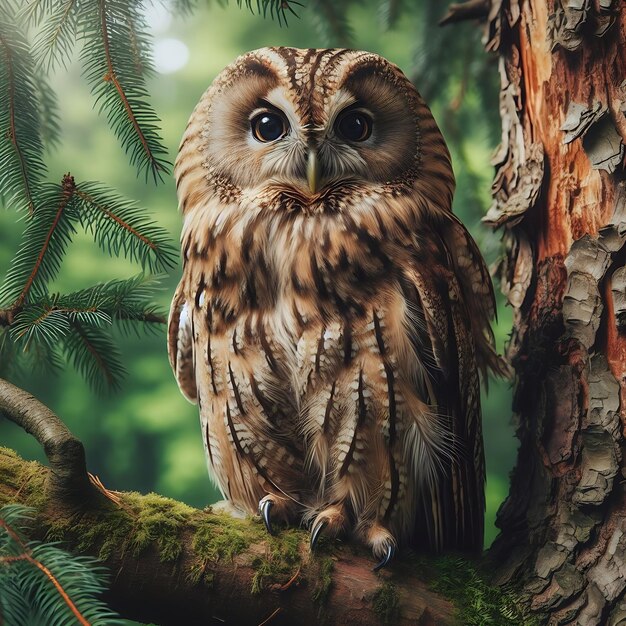 Photo adorable owlet hanging from a tree branch ai generated