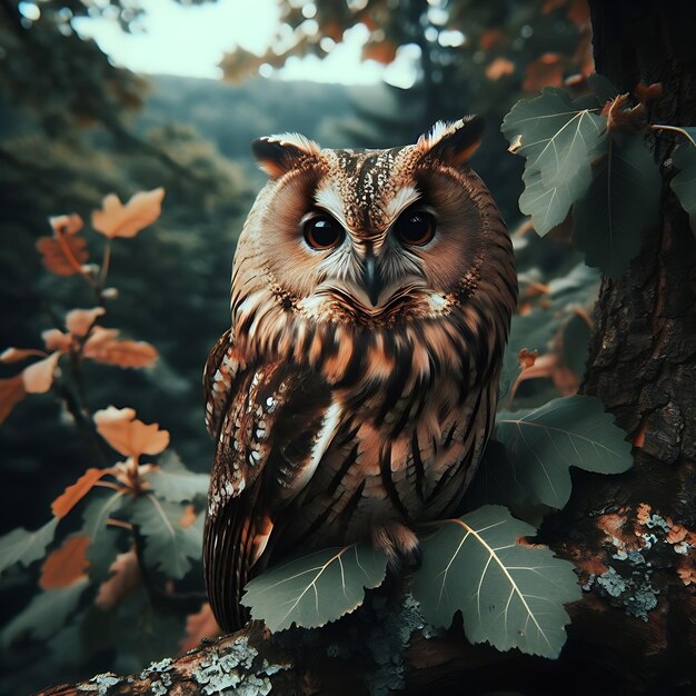 Photo adorable owlet hanging from a tree branch ai generated