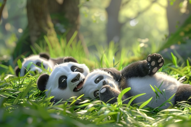 Photo adorable panda cubs rolling in the grass