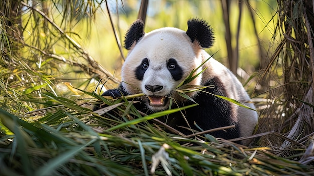 Adorable panda savoring a hearty bamboo meal