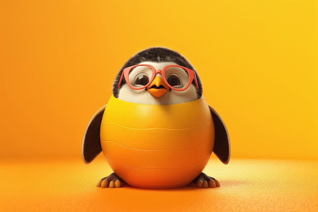 Adorable penguin with glasses on orange background generative ai