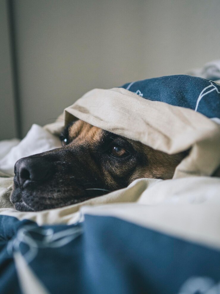 Adorable perro debajo de las sabanas de la cama