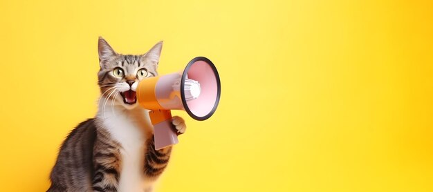 Adorable pet cat announcing using hand speaker Notifying warning announcement