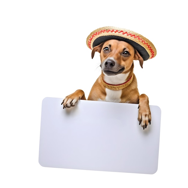 長方形の空白のフレームを保持しているシンコ・デ・マヨの日のファッションを持つ愛らしいペットの犬
