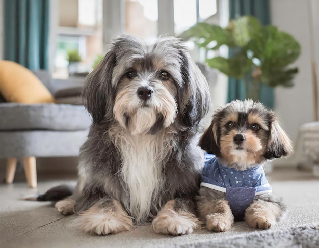 Photo adorable pet dogs with child in city apartment