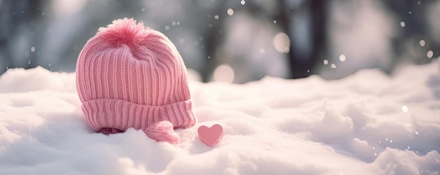 Adorable Pink Knit Hat Resting on a Fluffy Snow Bank