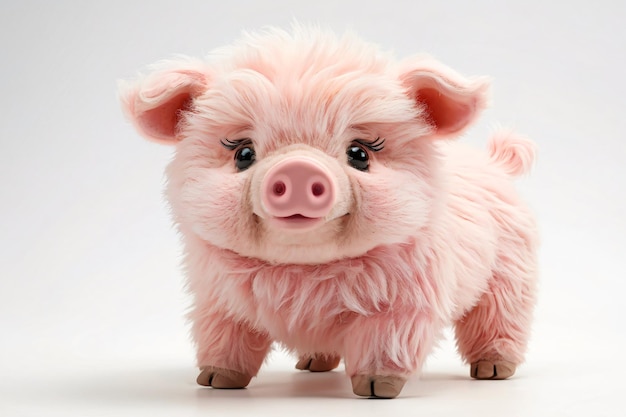 Photo adorable pink pig stuffed toy standing isolated on white background 3d rendering