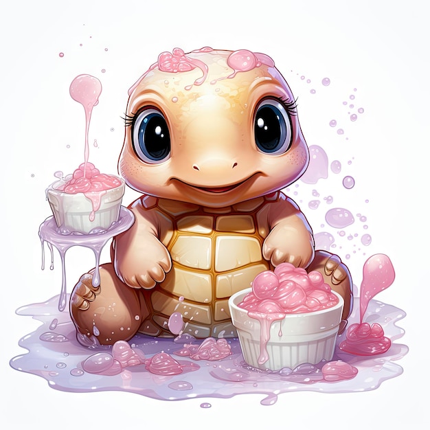 Foto adorabile tartaruga rosa in acqua circondata da bolle e piante con un'espressione giocosa e stravagante