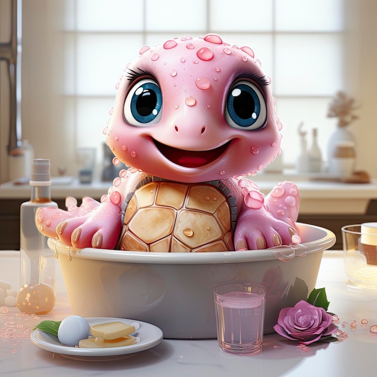 Photo adorable pink turtle in water surrounded by bubbles and plants with a playful and whimsical expression