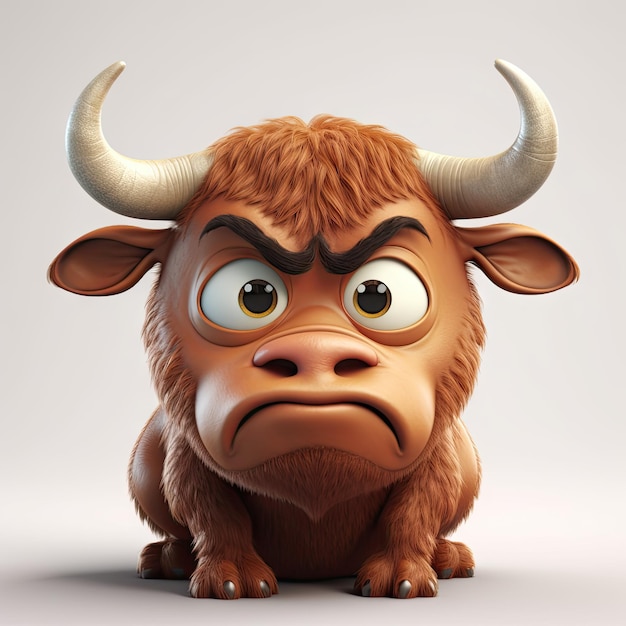 Adorable PixarStyle Angry Bull with Big Eyes on White Background