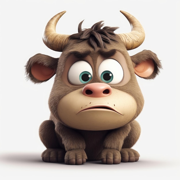 Adorable PixarStyle Angry Bull with Big Eyes on White Background