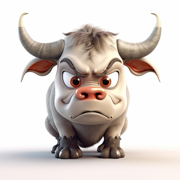 Adorable PixarStyle Angry Bull with Big Eyes on White Background