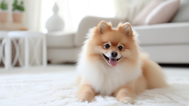 Adorable Pomeranian dog lounges on a white carpet in the living room relaxed and content