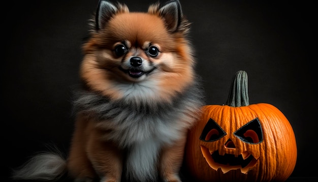 Adorable Pomeranian dog posing with a Halloween pumpkin